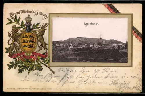 Passepartout-Lithographie Leonberg, Totalansicht des Ortes mit Kirche