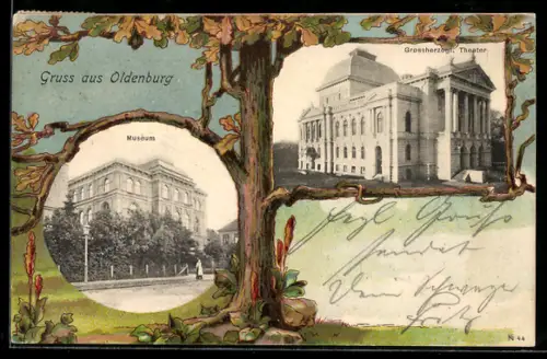 Grusskarten-AK Oldenburg, Partien am Museum und am Grossherzoglichen Theater