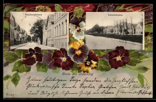 AK Oldenburg, Amalienstrasse, Kanalstrasse, Stiefmütterchen