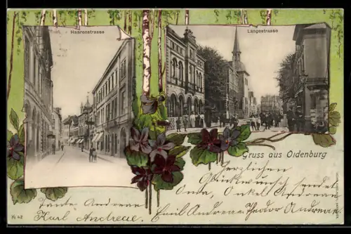 Lithographie Oldenburg, Haarenstrasse u. Langestrasse mit Passanten