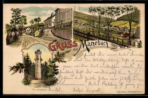 Lithographie Manebach /Th., Strassenpartie, Ortsansicht, Turm Kickelhahn