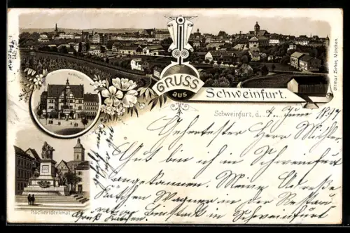 Lithographie Schweinfurt, Panorama, Rathaus und Rückertdenkmal