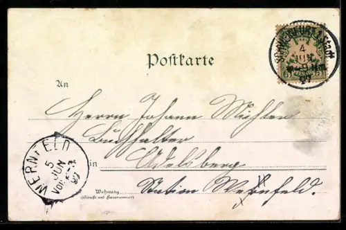 Lithographie Schweinfurt, Panorama, Rathaus und Rückertdenkmal