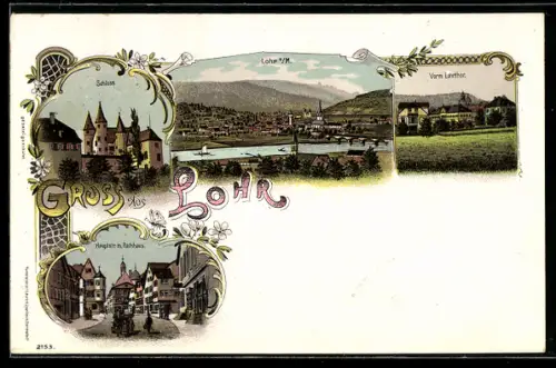 Lithographie Lohr, Ortsansicht, Blick auf Schloss, Hauptstrasse mit Rathaus
