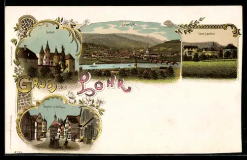 Lithographie Lohr, Ortsansicht, Blick auf Schloss, Hauptstrasse mit Rathaus