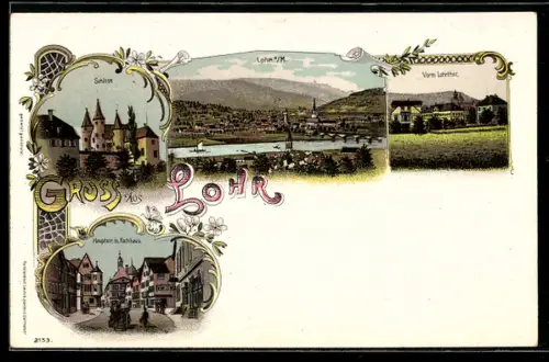 Lithographie Lohr, Totalansicht mit Kirche, Schloss, Partie Vorm Lohrthor und Rathaus