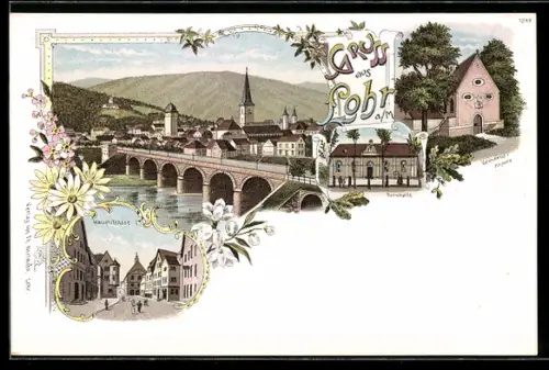 Lithographie Lohr, Hauptstrasse mit Passanten, Turnhalle, Valentinus Kapelle