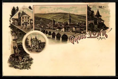 Lithographie Lohr, Rathaus, Bezirksamt, Ludwigsturm, Gesamtansicht