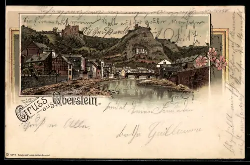 Lithographie Oberstein, Totalansicht des Ortes mit Burg