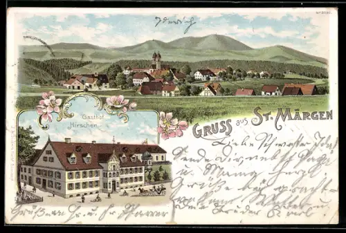 Lithographie St. Märgen, Gasthof Hirschen, Ortsansicht mit Hügeln im Hintergrund