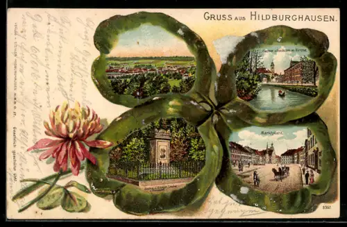 Passepartout-Lithographie Hildburghausen, Electrotechnikum mit Kirche, Marktplatz, Ansicht auf Kleeblatt