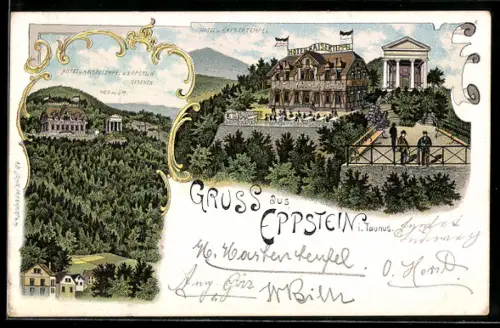 Lithographie Eppstein i. Taunus, Hotel und Kaisertempel vom Ort aus gesehen