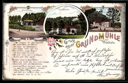 Lithographie Wachau, Alte Schäune, Gartenhaus und Grundmühle