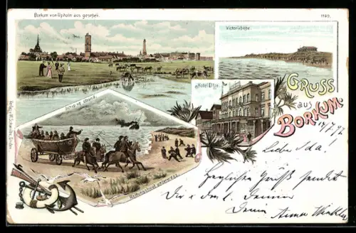 Lithographie Borkum, Ansicht von Upholm aus, Hotel Eltze, die Victoriahöhe