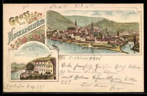 Lithographie Neckargemünd, Gasthof u. Pension zur Pfalz, Panorama