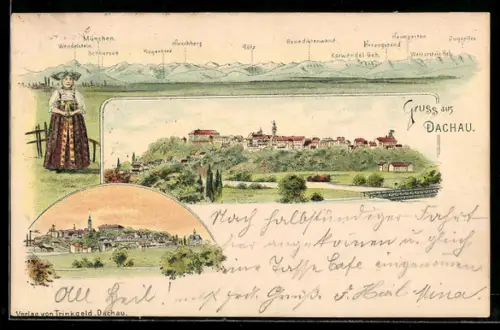 Lithographie Dachau, Totalansicht, Frau in Tracht