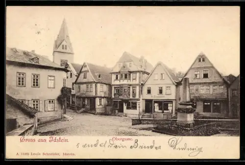 AK Idstein, Partie in der Obergasse mit Denkmal und Kirche