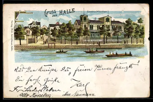Lithographie Halle /Saale, Gasthof Saaleschlösschen mit Booten