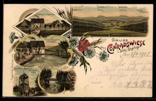 Lithographie Conradswiese, Panorama, Forsthaus mit Restauration, Forellenteich, Aussichtsturm