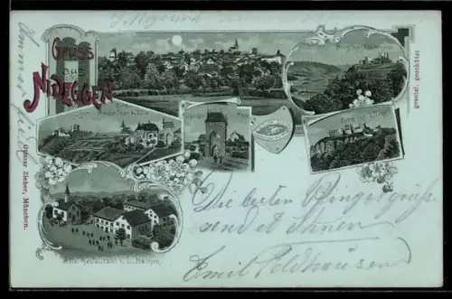 Mondschein-Lithographie Nideggen, Hotel-Restaurant v. L. Heinen, Burg und Zülpicher Tor