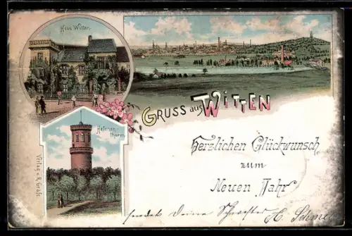 Lithographie Witten, Helenenturm, Haus Witten und Panorama