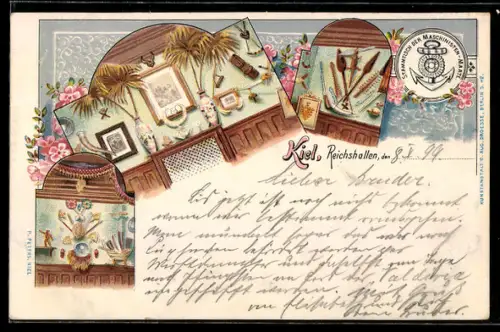 Lithographie Kiel, Reichshallen, Wandschmuck, Stammtisch der Maschinisten-Maate