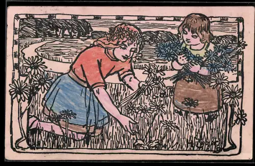 Künstler-AK Oldenburg, Blumentag 1912, Kinder beim Blumenpflücken