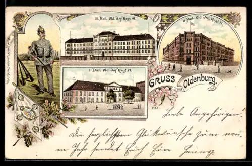 Lithographie Oldenburg / O., Kasernen des I., II, & III. Batt. Old. Inf.-Regt. 91, Soldat und Standarte
