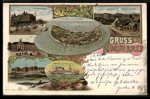 Lithographie Norderney, Kaiserstrasse, Seehospiz, Dampfer Prinzessin Heinrich, Post