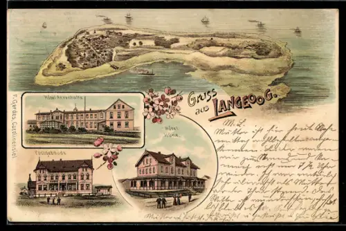 Lithographie Langeoog, Hotel Ahrenholtz, Hotel Hüne und Postgebäude