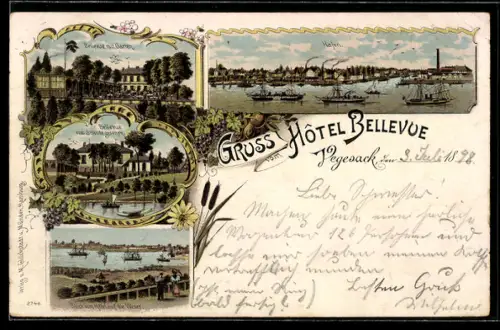 Lithographie Vegesack, Hotel Bellevue, Hafen, Blick vom Hotel auf die Weser, Dampfer, Segelboot