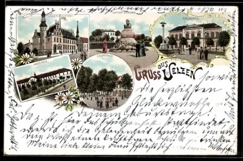 Lithographie Uelzen, Kaserne, Fischerhof, Realschule und Kaiserl. Postamt