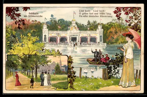 Lithographie Celle, 55. Sängerfest d. vereinigten Norddeutschen Liedertafeln 1905, Sekthalle am Schwanenteich