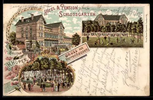 Lithographie Hannover-Herrenhausen, Schlossgarten mit Gästen auf der Wiese, Fontäne