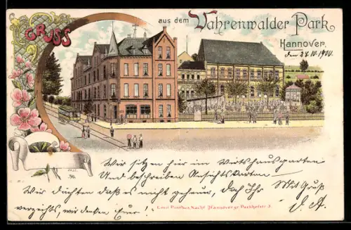 Lithographie Hannover, Vahrenwalder Park und Strassenbahn