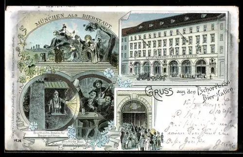 Lithographie München, Gasthof Pschorrbräu-Bierhallen mit Besuchern