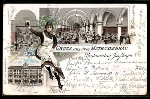 Lithographie München, Gasthof Mathäserbräu mit Innenansichten