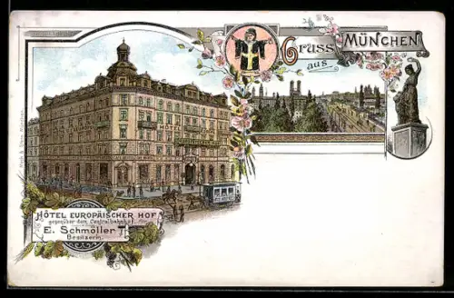 Lithographie München, Hotel Europäischer Hof am Centralbahnhof, Bes. E. Schmöller