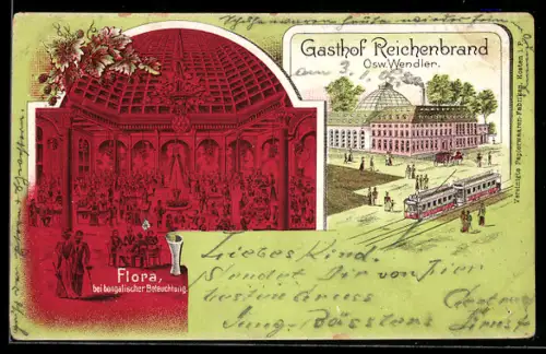 Lithographie Reichenbrand, Gasthof Reichenbrand, Bes. Osw. Wendler, Strassenbahn