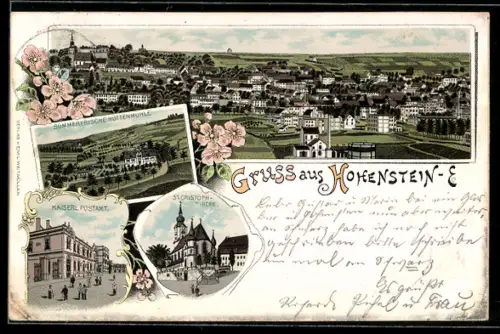 Lithographie Hohenstein /E., St. Christoph-Kirche, Kaiserl. Postamt, Hüttenmühle
