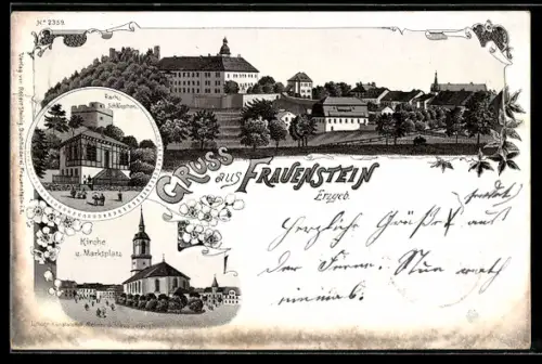 Lithographie Frauenstein /Erzgeb., Teilansicht, Parkschlösschen, Kirche und Marktplatz