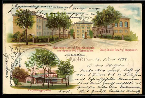 Lithographie Berlin-Ruhleben, Kasernen der Infanterie-Schiessschule und Gewehr-Prüf-Kommission, Erholungshalle