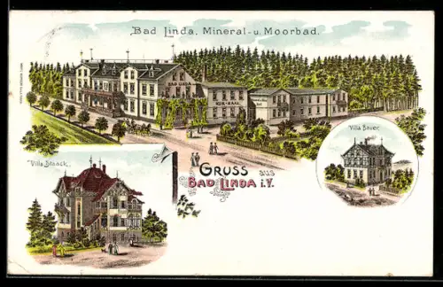 Lithographie Bad Linda i. V., Kursaal, Villa Staack und Villa Bauer