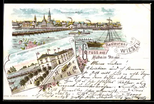 Lithographie Mülheim a. Rh., Restaurant Wiesel, Panorama
