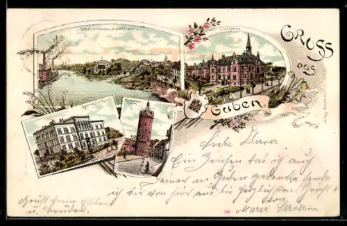 Lithographie Guben, Gasthof Schützenhaus und Stadttheater, Gymnasium, Werderthor-Thurm, Kreishaus