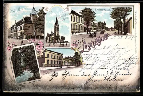 Lithographie Luckenwalde, Kaiserl. Postamt, Breitestrasse, St. Jakobi-Kirche, rosa Blütenverzierung