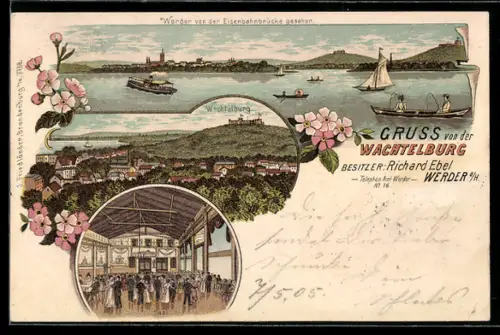 Lithographie Werder a. H., Gasthaus Wachtelburg, Ortsansicht von der Eisenbahnbrücke aus