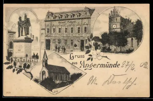 AK Angermünde, Kaiserl. Postamt, Kath. Kirche und Denkmal