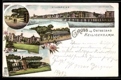 Lithographie Heiligendamm, Cottage, Kur- und Badehaus, Verkaufshallen, Burgplatz