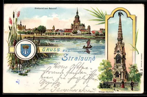 Lithographie Stralsund, Blick vom Bahnhof, Krieger-Denkmal